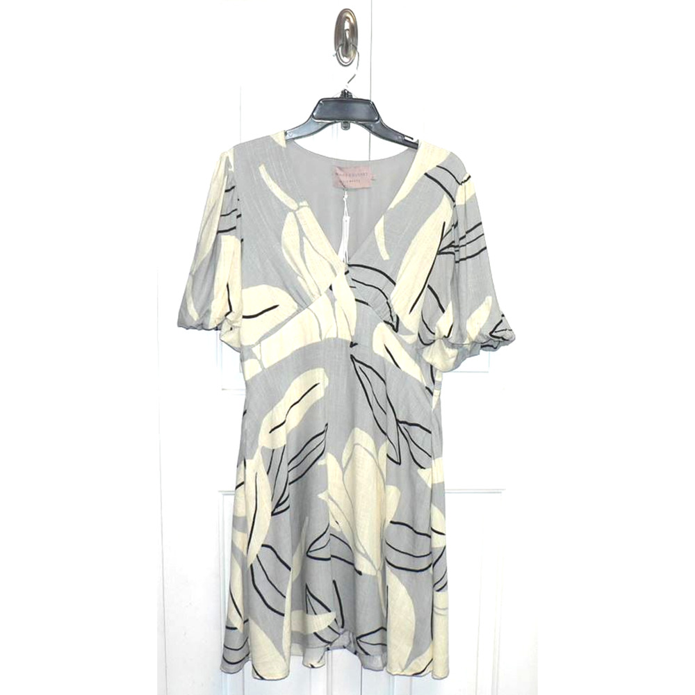 White Closet Elements Linen Blend Puffy Sleeve Mini Dress Blue/Cream/Blk LG $89